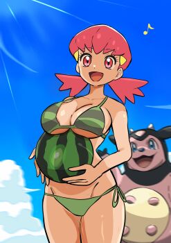2girls :o absurdres ball bikini blue_sky blush breasts breasts_squeezed_together buttons collarbone curvy day food fruit gen_2_pokemon hair_ornament hairclip happy heart highres holding holding_food holding_fruit holding_watermelon long_hair looking_at_viewer low_twintails makademia miltank multiple_girls musical_note nintendo open_mouth outdoors pink_eyes pink_hair pokemon pokemon_hgss shiny_skin side-tie_bikini_bottom sky smile standing swimsuit twintails watermelon whitney_(pokemon) wide_hips wristband
