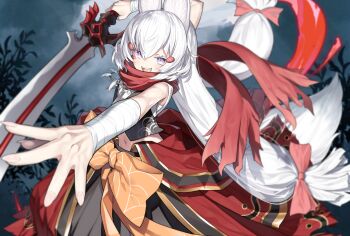 Rule 34 | 1girl, animal ear fluff, animal ears, arm wrap, bow, capriccio, facial mark, fox ears, fox girl, fox tail, hair bow, holding, holding sword, holding weapon, midriff, navel, open mouth, orange bow, phase connect, purple eyes, red bow, red scarf, scarf, smile, solo, sword, tail, teeth, tenma maemi, upper teeth only, virtual youtuber, weapon, whisker markings, white hair