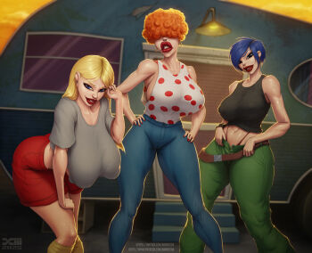 3girls barretxiii black_tank_top blonde_hair blue_hair blue_pants breasts denim ed_edd_n_eddy green_pants grey_shirt hair_over_eyes huge_breasts jeans lee_kanker long_hair looking_at_viewer marie_kanker may_kanker multiple_girls orange_hair pants polka_dot polka_dot_shirt red_shorts shirt short_hair shorts sleeveless sleeveless_shirt tank_top trailer white_shirt