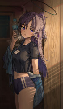 1girl absurdres black_halo black_shirt blue_archive blue_buruma blue_jacket blush bottle breasts buruma cleavage commentary cowboy_shot half_updo halo hidulume highres holding holding_bottle indoors jacket jacket_partially_removed lanyard looking_at_viewer mechanical_halo medium_breasts official_alternate_costume official_alternate_hairstyle parted_lips plastic_bottle ponytail purple_eyes purple_hair shirt solo sweat swimsuit t-shirt track_jacket water_bottle window_shadow yuuka_(blue_archive) yuuka_(track)_(blue_archive)