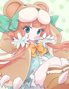 Rule 34 | 1girl, animal hood, bear alma, bow, bow flower, bowtie, brown hair, emil chronicle online, green background, green eyes, green jacket, green ribbon, hair bow, hair ribbon, highres, hood, jacket, lollipop in mouth, looking at viewer, low twintails, orange bow, orange bowtie, pants, ribbon, shirt, solo, twintails, white bow, white pants, white shirt, yusa yuyu
