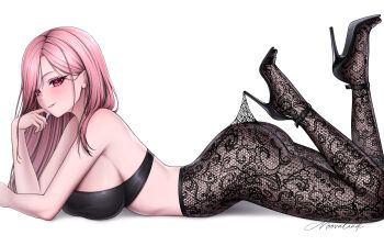 1girl absurdres bare_shoulders black_bra black_hair black_pantyhose black_shoes blush bra breasts clothes_pull commentary english_commentary eyelashes fingernails floral_print_pantyhose high_heels highres hololive hololive_english lace_pantyhose_hooked_on_heel_(meme) large_breasts legs_up long_hair looking_at_viewer lying meme moovalandi mori_calliope multicolored_hair nail_polish on_stomach pantyhose pantyhose_pull pink_eyes pink_hair pink_lips pulling_own_clothes purple_nails shoes signature simple_background smile solo streaked_hair thighs two-tone_hair underwear virtual_youtuber white_background