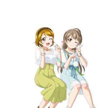 2girls ;) ;d anime_coloring aqua_dress black_hairband blunt_bangs blush bow bracelet breasts brown_hair clenched_hand closed_mouth collarbone dot_nose dress earrings eye_contact feet_out_of_frame finger_gun frilled_shirt frills green_skirt hairband hands_up head_tilt holding_wind_chime invisible_chair jewelry koizumi_hanayo lace_shirt long_hair long_skirt looking_at_another looking_to_the_side love_live! love_live!_school_idol_festival love_live!_school_idol_project medium_breasts minami_kotori multiple_bracelets multiple_girls necklace official_alternate_hairstyle official_art one_eye_closed open_mouth pink_bow pink_nails pointing pointing_up purple_eyes see-through_clothes see-through_dress shirt short_hair short_sleeves sitting skirt smile teeth transparent_background upper_teeth_only white_shirt wind_chime yellow_eyes