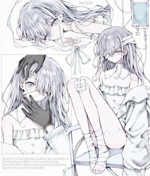 Rule 34 | 1girl, 1other, bandage over one eye, bandaged foot, bandages, barefoot, black gloves, detached collar, expressionless, frilled tube top, frills, gauze on knee, gloves, grey eyes, grey hair, hair over one eye, hands on another's face, highres, iv stand, jacket, latin text, long hair, looking at viewer, multiple views, one eye covered, original, ribbon, simple background, strapless, toes, tube top, white background, white jacket, yuyuyuyhz