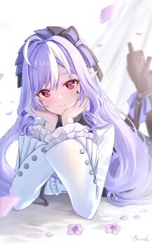 1girl absurdres ahoge amaneko_(amaneko_y) black_shoes center_frills commentary_request flower frilled_sleeves frills hand_on_own_cheek hand_on_own_face head_rest high_heels highres long_hair long_sleeves looking_at_viewer lying mole mole_under_eye multicolored_hair on_stomach petals pointy_ears purple_flower purple_hair shoes signature smile solo streaked_hair two-tone_hair vivian_banshee white_hair zenless_zone_zero