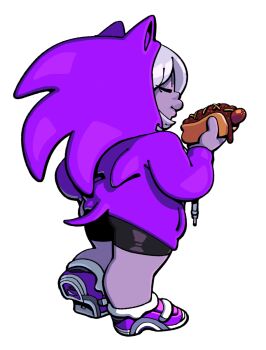 1girl alternate_costume amethyst_(steven_universe) character_hood colored_skin cosplay discount-supervillain eating fake_tail full_body highres hot_dog plump purple_skin shoes sneakers soap_shoes sonic_(series) sonic_the_hedgehog sonic_the_hedgehog_(cosplay) standing steven_universe tail