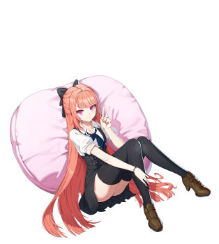 Rule 34 | 1girl, ass, belt, black belt, black bow, block heels, blue necktie, bow, brown shoes, buttons, closed mouth, closers, collared shirt, diagonal-striped clothes, diagonal-striped necktie, double-breasted, full body, hair bow, hand on own leg, hand up, high-waist skirt, highres, knees up, long hair, looking at viewer, luna aegis (closers), miniskirt, necktie, on cushion, orange hair, pink eyes, puffy short sleeves, puffy sleeves, shirt, shoes, short sleeves, sitting, skirt, smile, solo, striped clothes, suspender skirt, suspenders, v, very long hair, wallet chain, white background, white shirt