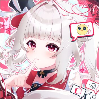 Rule 34 | 1girl, absurdres, animal ears, black choker, black hat, butterfly-shaped pupils, choker, clothing cutout, commentary request, diamond (shape), diamond facial mark, facial mark, finger to mouth, hat, heart, heart facial mark, highres, honkai: star rail, honkai (series), long hair, looking at viewer, nekoto 728, portrait, rabbit ears, red background, red eyes, shoulder cutout, simple background, solo, sparkle (honkai: star rail), sparxie (honkai: star rail), spoken emoji, spoken thumbs up, symbol-shaped pupils, top hat, white hair