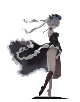 1girl ass bare_shoulders black_dress breasts detached_sleeves discharge_smp doll_joints dress expressionless floating_hair full_body grey_hair hat highres joints long_hair looking_at_viewer medium_breasts orchis red_eyes shadowverse shadowverse:_worlds_beyond simple_background solo twintails white_background
