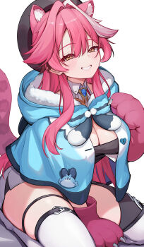 :d absurdres animal_ears animal_hands beret black_hat black_shirt blue_capelet breasts capelet center-flap_bangs cleavage commentary double-parted_bangs extra_ears fur-trimmed_capelet fur_trim gloves grin h4kuuua_0 hair_intakes hashtag-only_commentary hat high-waist_shorts highres hololive hololive_english hood hooded_capelet large_breasts long_hair looking_at_viewer multicolored_hair open_mouth panther_ears panther_girl panther_tail paw_gloves pink_gloves pink_hair raora_panthera raora_panthera_(1st_costume) shirt shorts sidelocks simple_background sitting smile streaked_hair tail thigh_strap thighhighs very_long_hair virtual_youtuber white_background white_hair white_shorts white_streaks white_thighhighs yellow_eyes