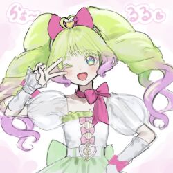 Rule 34 | 1girl, ;d, blue eyes, bow, commentary request, gradient hair, green hair, hair bow, hand on own hip, hand up, heart, highres, laalulu, long hair, looking at viewer, multicolored hair, mung hie, one eye closed, open mouth, pink bow, pretty series, pripara, puffy short sleeves, puffy sleeves, purple hair, short sleeves, smile, solo, translation request, twintails, upper body, v