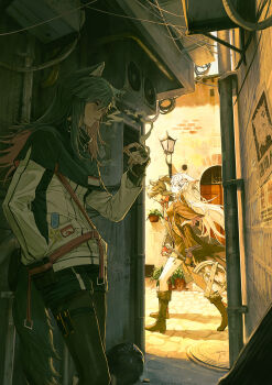 3girls absurdres ad_(object) animal_ears arknights black_pantyhose black_shorts boots brown_boots chinese_commentary cigarette commentary_request condenser_unit deatiose dual_persona fingerless_gloves gloves highres holding holding_cigarette holding_weapon lamppost lappland_(arknights) lappland_(refined_horrormare)_(arknights) mouth_hold multiple_girls outdoors pantyhose pantyhose_under_shorts plant potted_plant pouch shorts smoke smoking tail texas_(arknights) texas_(willpower)_(arknights) wanted_poster weapon wolf_ears wolf_girl wolf_tail