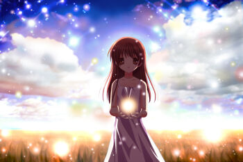 Rule 34 | 00s, 1girl, bad id, bare shoulders, brown eyes, brown hair, chocolat., clannad, cloud, dress, female focus, girl from the illusionary world, grass, holding, long hair, looking at viewer, open mouth, sky, smile, solo, sparkle, white dress