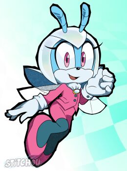 1girl absurdres antennae artist_name black_pantyhose full_body furry furry_female gloves highres insect_wings jacket jewel_the_beetle looking_at_viewer open_mouth pantyhose pink_eyes pink_jacket pink_shoes pink_skirt shoes skirt solo sonic_(series) stitchou watermark white_gloves wings