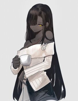 1girl black_hair black_skirt breasts cleavage collarbone cup dark-skinned_female dark_skin hair_over_one_eye holding holding_cup hoyeonbns limbus_company long_hair mug project_moon shirt simple_background skirt solo two-tone_shirt white_background white_shirt white_skirt yellow_eyes zilu_(project_moon)