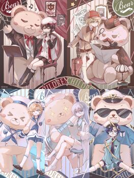 >_< +_+ 5boys :o ;d absurdres aged_down alkaid_mcgrath anchor_print anchor_symbol animal aqua_eyes aqua_shirt arm_at_side arm_up award_ribbon ayn_alwyn bear_hat_ornament beret between_legs black_border black_hair black_necktie black_shirt black_shoes black_shorts black_socks blonde_hair blue_background blue_border blue_eyes blue_hair blue_neckerchief blue_ribbon blue_sailor_collar blue_shirt blue_shorts book book_stack boots border bow bowtie breast_pocket brown_border brown_capelet brown_hat brown_jacket brown_shoes buttons cael_anselm capelet caution_tape chair children's_day chinese_commentary clarence_clayden clipboard closed_eyes closed_mouth clothed_animal coat collared_shirt column_lineup commentary_request conductor conductor_baton crossed_legs cuffs curtained_hair curtains deerstalker desk_lamp detective doctor double-breasted english_text facial_hair fang flag fold-over_collar full_body gem glasses gradient_background green_background green_eyes gun hair_between_eyes hand_between_legs handcuffs handgun harmonica hat hat_ornament hat_ribbon heart highres holding holding_baton holding_clipboard holding_flag holding_gun holding_instrument holding_magnifying_glass holding_syringe holding_weapon id_card instrument irregular_border jacket knee_boots lab_coat lamp lanyard large_syringe lars_rorschach leaning_forward legwear_garter loafers locked_arms long_hair long_hair_between_eyes long_sleeves looking_at_object looking_at_viewer looking_down lovebrush_chronicles magnifying_glass male_focus mole mole_under_eye multiple_boys music music_stand musical_note mustache neckerchief necktie nurse_cap official_alternate_costume on_ground one_eye_closed open_clothes open_coat open_mouth outstretched_legs oversized_clothes oversized_object oversized_shirt peaked_cap photo_(object) picture_frame pigeon-toed plaid_clothes plaid_shorts playing_instrument pocket police police_hat police_uniform poster_(object) puritan_collar purple_background purple_border purple_eyes red_background red_bow red_bowtie red_gemstone red_hat red_ribbon red_scarf red_shorts restrained ribbon rug sailor_collar sailor_hat sailor_shirt scarf sentient_stuffed_toy shirt shoe_soles shoes short_hair short_shorts shorts sitting sleeve_cuffs sleeveless sleeveless_jacket sleeves_past_wrists smile smoking_pipe smoking_pipe_in_mouth snow234 socks sparkle spread_legs stage_curtains standing standing_on_one_leg star_(symbol) stethoscope stole stool straight-on string_of_flags striped_background striped_bow striped_bowtie striped_clothes stuffed_animal stuffed_toy suitcase sunglasses sweatdrop swim_ring syringe table tailcoat teddy_bear teeth tie_clip tilted_headwear two-tone_hat upper_teeth_only wanted_poster wavy_mouth weapon white_background white_boots white_coat white_hair white_hat white_jacket white_shirt white_shoes white_shorts white_socks