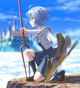 1girl ayanami_rei bident black_socks blue_hair blue_skirt blue_sky blurry blurry_background brown_shoes castle closed_mouth cloud commentary_request day evangelion:_1.0_you_are_(not)_alone from_side highres holding holding_polearm holding_weapon kneehighs lance_of_longinus_(evangelion) light_blush loafers looking_ahead neck_ribbon neon_genesis_evangelion on_one_knee outdoors polearm profile rebuild_of_evangelion red_eyes red_ribbon ribbon school_uniform shadow shield shirt shoes short_hair short_sleeves skirt sky smile socks solo suspender_skirt suspenders tokyo-3_middle_school_uniform weapon white_shirt yahha
