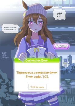 Rule 34 | 1girl, animal ears, beanie, blush, bow, bowtie, brown hair, collarbone, ears through headwear, english text, error message, fourth wall, grey hat, hair between eyes, hashikurao, hat, highres, horse ears, horse girl, long hair, long sleeves, mood (umamusume), nakayama festa (umamusume), open mouth, pleated skirt, purple eyes, purple sailor collar, purple serafuku, purple shirt, purple skirt, purple thighhighs, sailor collar, sailor shirt, school uniform, serafuku, shirt, skirt, speech bubble, sweatdrop, thighhighs, tracen school uniform, umamusume, white bow, white bowtie