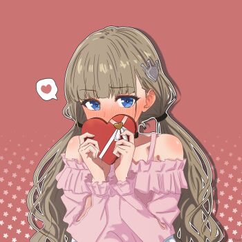 1girl absurdres bare_shoulders blonde_hair blue_eyes blush brown_dust_(series) brown_dust_2 commentary_request covering_own_mouth glacia_(brown_dust) heart highres holding long_hair long_sleeves looking_at_viewer low_twintails partial_commentary pink_background pink_shirt pkkck shirt solo spoken_heart twintails upper_body