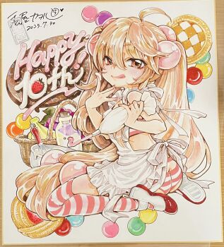 1girl :q apron ass blonde_hair brown_eyes candy commentary_request food full_body highres kodomo_no_jikan kokonoe_rin licking_lips long_hair looking_at_viewer official_art panties photo_(medium) shikishi shoes sitting solo striped_clothes striped_panties striped_thighhighs thighhighs tongue tongue_out traditional_media twintails underwear uwabaki very_long_hair wariza watashiya_kaworu whipped_cream