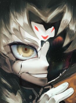 Rule 34 | 1boy, akiko 141, blonde hair, card, character request, close-up, commentary request, cracked kawaii mask, facial mark, forehead mark, highres, holding, holding card, smirk, solo, trading card, yellow eyes, yu-gi-oh!, yu-gi-oh! zexal