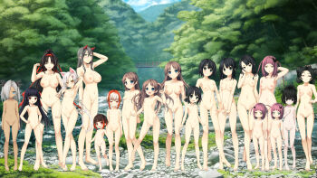 6+girls absurdres aged_down aged_up animal_ears arishima_alice arishima_nahoko arm_behind_head armpits arms_up bandaid bandaid_on_pussy barefoot black_eyes black_hair blue_eyes blush braid breasts bridge brown_eyes brown_hair butterfly_hair_ornament casual casual_nudity chima_(monobeno) cleft_of_venus closed_mouth collarbone completely_nude crown_braid cura dark-skinned_female dark_skin day dot_nose emi_(monobeno) fat_mons feet female_focus flat_(company) flat_chest flower foliage forest full_body gluteal_fold green_eyes groin hair_flower hair_ornament hair_over_one_eye hair_ribbon tucking_hair hairclip hand_up hands_on_own_hips hidarijiyorou hidarijorou highres himemiya_(monobeno) horns idumonomiko izumo_no_miko large_breasts legs_together lineup loli long_hair looking_at_viewer maebari mature_female medium_breasts migijiyorou migijorou monobeno moss multicolored_hair multiple_girls multiple_tails nanatsurao nature navel nipples no_panties nude open_mouth orange_eyes outdoors own_hands_clasped own_hands_together pale_skin ponytail purple_hair pussy red_eyes red_hair red_ribbon ribbon river sawai_natsuha scowl seishin_himemiya shiny_skin short_eyebrows short_hair short_twintails siblings small_breasts smile soles standing stitches sumi_(monobeno) tail takijiyorou takijorou tareme teeth thigh_gap thighs toenails toes tooko_(monobeno) tree tsumi_(monobeno) tsurime twins twintails two-tone_hair uncensored upper_teeth_only very_long_hair white_hair x_hair_ornament yellow_eyes
