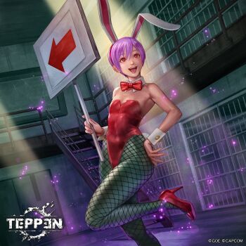 Rule 34 | 1girl, alternate costume, animal ears, bow, bowtie, breasts, capcom, cleavage, darkstalkers, darkstalkers 3, demon girl, fake animal ears, fake tail, flat chest, high heels, highres, leotard, lilith (darkstalkers), long ears, monster girl, official alternate costume, official art, open mouth, pantyhose, pink hair, playboy bunny swimsuit, prison, rabbit ears, rabbit tail, red eyes, revealing clothes, short hair, short tail, sign, small breasts, smile, stairs, suetomi masanao, tail, teeth, teppen