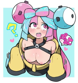Rule 34 | 1girl, absurdres, breasts, character hair ornament, hair ornament, highres, iono (pokemon), long sleeves, medium breasts, multicolored hair, nintendo, nipples, outside border, pink hair, pokemon, pokemon sv, sharp teeth, sleeves past fingers, sleeves past wrists, solo, split-color hair, teeth, white-stew
