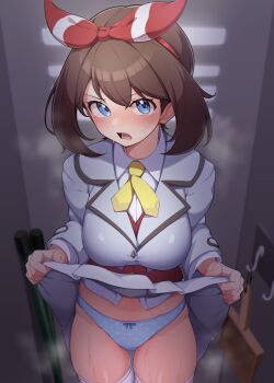 1girl absurdres ascot blue_eyes blue_panties blush bow_hairband breasts brown_hair closet clothes_lift commentary_request grey_jacket grey_skirt hairband highres jacket lifting_own_clothes looking_at_viewer may_(pokemon) medium_breasts mujin_(mujinzairaisen) nintendo panties pokemon pokemon_oras red_hairband school_uniform shirt short_hair skirt skirt_lift solo sweat thighhighs underwear v-shaped_eyebrows white_shirt white_thighhighs yellow_ascot