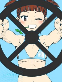 Rule 34 | 1girl, bikini, blue background, blue bikini, blush, breasts, brown eyes, brown hair, commentary request, girls und panzer, grin, looking at viewer, mikko (girls und panzer), one eye closed, oosaka kanagawa, short hair, simple background, small breasts, smile, solo, steering wheel, swimsuit, twintails, upper body