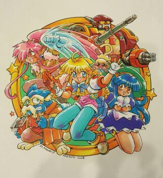 2boys 3girls animal animal_ears animal_feet animal_hands apron arm_cannon armor artist_name blonde_hair blue_bow blue_bowtie blue_dress blue_eyes blue_hair blue_pantyhose boots bow bowtie brown_boots caesar_kanagusuku celia_hasselberg circle_name clenched_teeth colored_sclera commentary crime_crackers dark-skinned_female dark_skin dog_boy dog_ears dress enkuu_(crime_crackers) facial_hair facial_mark fang fingerless_gloves furry furry_male gloves gun handgun high_ponytail holding holding_gun holding_weapon humanoid_robot jacket jan-michael_hasselberg kokomahi long_hair looking_at_viewer medium_hair monkey multiple_boys multiple_girls murdoch_hoover mustache official_art old old_man open_clothes open_jacket open_mouth orange_eyes pantyhose pink_shorts pointy_ears ponytail punching red_eyes robot shirt short_shorts short_sleeves shorts shoulder_armor smile star_(symbol) teeth traditional_media weapon wendy_wilkinson white_apron white_background white_gloves white_jacket yellow_sclera yellow_shirt