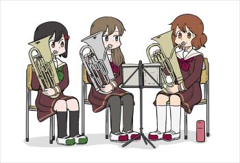 Rule 34 | 3girls, alone comic, arawi keiichi (style), black hair, black socks, blue eyes, bow, brown eyes, brown hair, brown pantyhose, brown serafuku, chair, company connection, euphonium, fluffy hair, hair bow, hibike! euphonium, highres, hisaishi kanade, instrument, kitauji high school uniform, kneehighs, kuroe mayu, kyoto animation, long hair, medium hair, multiple girls, music, music stand, on chair, oumae kumiko, pantyhose, playing instrument, school uniform, serafuku, sheet music, shoes, sitting, smile, socks, uwabaki, watch, white background, white socks, winter uniform