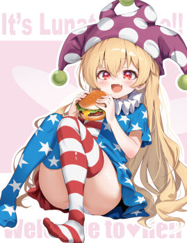 1girl american_flag_dress american_flag_legwear blonde_hair blush burger clownpiece dress fairy_wings fang food hat highres holding holding_burger holding_food jester_cap long_hair looking_at_viewer neck_ruff open_mouth panties polka_dot polka_dot_headwear purple_hat rabittofaa red_eyes short_sleeves sitting skin_fang smile solo star_(symbol) star_print striped_clothes thighhighs touhou underwear very_long_hair white_panties wings