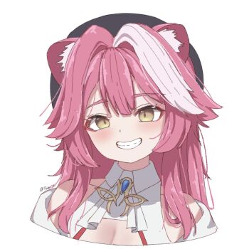 1girl animal_ears artist_name ascot bare_shoulders beret black_hat blue_gem blush breasts collarbone collared_shirt commentary english_commentary eyeshadow gem grin hair_intakes hat highres hololive hololive_english jewelry long_hair looking_at_viewer makeup multicolored_hair paki_25 panther_ears panther_girl pink_eyeshadow pink_hair raora_panthera raora_panthera_(1st_costume) shirt simple_background sleeveless sleeveless_shirt smile solo streaked_hair teeth twitter_username two-tone_hair virtual_youtuber white_ascot white_background white_shirt yellow_eyes