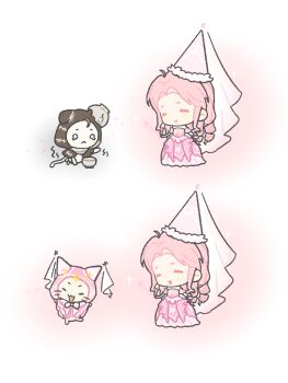 1girl ^_^ ahoge animal bare_arms black_cloak bow bowtie cat chibi chinese_commentary choker cloak closed_eyes closed_mouth clothed_animal commentary_request dot_nose dress drill_hair ear_covers enchanted_encounter_(infinity_nikki) eyelashes flat_color forehead fur-trimmed_headwear fur_trim gown hao_xintai_bingkuai happy hat hat_ornament hexagram highres holding holding_wand hood hood_up hooded_cloak infinity_nikki light_blush long_dress long_hair momo_(nikki) nikki_(nikki) nikki_(series) o_o off-shoulder_dress off_shoulder official_alternate_costume open_mouth pink_bow pink_bowtie pink_choker pink_dress pink_hair pink_hat pink_veil pleated_dress princess reaching sequential short_sleeves sidelocks simple_background smile sparkle star_(symbol) star_hat_ornament star_wars tearing_up transformation trembling veil wand white_background white_cat