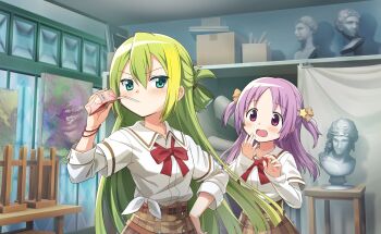 2girls alina_gray annoyed aqua_eyes artist_request blunt_ends bow bowtie box bracelet brown_ribbon brown_skirt bust_(sculpture) buttons collared_shirt cowboy_shot dot_nose drink drinking drinking_straw front-tie_top furrowed_brow game_cg green_hair hair_between_eyes hair_ornament hair_ribbon hair_rings hair_tie hand_on_own_chin hand_on_own_hip high-waist_skirt highres holding holding_drink indoors jewelry juice_box layered_sleeves light_blush long_hair long_sleeves looking_at_viewer magia_record:_mahou_shoujo_madoka_magica_gaiden mahou_shoujo_madoka_magica mahou_shoujo_madoka_magica_magia_exedra misono_karin multiple_girls official_art open_mouth painting_(object) parted_bangs plaid_clothes plaid_skirt purple_eyes purple_hair red_bow red_bowtie ribbon sakae_general_school_uniform school_uniform shelf shirt short_over_long_sleeves short_sleeves single_hair_ring skirt sleeve_cuffs standing star_(symbol) star_hair_ornament straight_hair striped_ribbon surprised tareme tsurime two_side_up very_long_hair white_shirt window