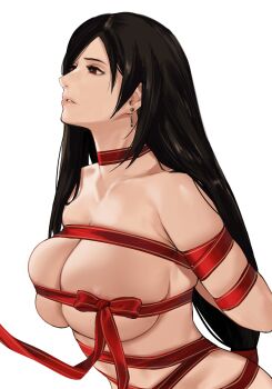 1girl areola_slip arms_behind_back black_hair bound breasts collarbone commentary completely_nude earrings english_commentary final_fantasy final_fantasy_vii highres j@ck jewelry large_breasts long_hair low-tied_long_hair naked_ribbon nude parted_lips red_eyes red_ribbon restrained revision ribbon ribbon_bondage simple_background skindentation solo swept_bangs tifa_lockhart upper_body white_background