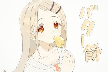 1girl blush_stickers collarbone colored_eyelashes dot_nose eating food food_in_mouth gakuen_idolmaster grey_hair hair_ornament hairclip highres holding holding_food idolmaster long_hair looking_at_viewer mochi nendo23 orange_eyes shinosawa_hiro solo white_background