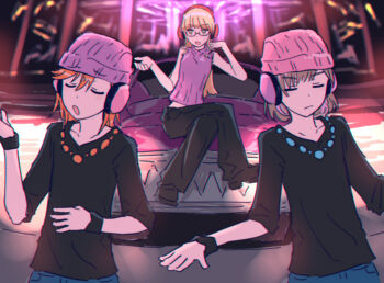 3girls beanie black_pants black_shirt blonde_hair car clothes_lift collarbone commentary grey_hair hat headphones heanna_sumire highres jewelry love_live! love_live!_superstar!! midriff motor_vehicle multicolored_hair multiple_girls necklace on_car orange_hair pants pink_hat purple_hat purple_streaks purple_sweater shibuya_kanon shirt sitting sleeveless sleeveless_sweater streaked_hair sweater tang_keke three-quarter_sleeves yukitake_(bullfalk)