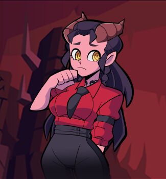1girl absurdres black_choker black_hair black_pants braid breasts choker colored_skin crossover dahlia_(day_of_wrath) day_of_wrath_(infinitypilot) demon demon_girl demon_horns doom_(series) doom_eternal dress_pants dress_shirt embarrassed fanfic fantasy formal_clothes hell helltaker hexagram highres horns krembeni long_hair looking_at_viewer lying medium_breasts monster_girl neck_tattoo necktie nymph original pants pointy_ears raised_eyebrows red_shirt red_skin shirt shy slave_tattoo solo suit tattoo tiefling yellow_eyes