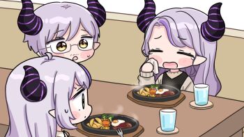 1boy 2girls black_dress blush_stickers broccoli brown_eyes brown_sweater chibi closed_eyes closed_mouth couch cup demon_horns dress drinking_glass facial_hair fangs food fork fried_egg glasses grey-framed_eyewear grey_hair hand_up holding hololive horns la+_darknesss long_hair long_sleeves mochimiko multicolored_hair multiple_girls mustache on_couch open_mouth parted_bangs parted_lips pointy_ears puffy_long_sleeves puffy_sleeves purple_hair semi-rimless_eyewear sleeveless sleeveless_dress streaked_hair stubble sweat sweater table tears under-rim_eyewear very_long_hair virtual_youtuber water wavy_mouth white_background