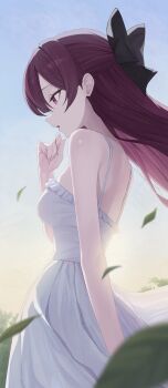 1girl absurdres bare_shoulders black_bow blue_sky bow breasts commentary dress frilled_dress frills from_side hair_bow highres isegye_idol jururu korean_commentary leaf long_hair medium_breasts open_mouth outdoors parted_lips profile purple_eyes red_eyes red_hair see-through_silhouette sei_(0724sei6) sky sleeveless sleeveless_dress solo sundress virtual_youtuber waktaverse white_dress