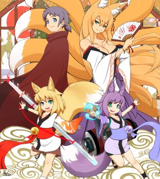 3girls blue_eyes green_eyes highres kitsune kyuubi luka_(mon-musu_quest!) magic mon-musu_quest! mon-musu_quest:_paradox multiple_girls multiple_tails orange_fur orange_hair poydox_wanko purple_fur purple_hair tail tamamo_(mon-musu_quest!) tamamo_(monster_realm)_(mon-musu_quest!)