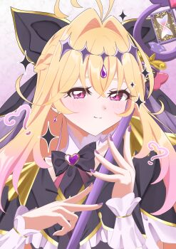 Rule 34 | 1girl, ?, absurdres, antenna hair, black bow, black bowtie, black capelet, black dress, blonde hair, bow, bowtie, brooch, capelet, closed mouth, commentary, cure arcana shadow, dress, frilled capelet, frilled cuffs, frills, gradient hair, hair bow, hair intakes, half-closed eyes, heart, heart brooch, highres, holding, holding staff, jewelry, light blush, long hair, looking at viewer, magical girl, meitantei precure!, moria luluka, multicolored hair, nail polish, precure, purple eyes, purple nails, purple veil, smile, solo, sparkle, staff, tear arcana rod, veil, wrist cuffs, zuizui 11