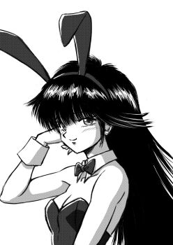 1girl absurdres animal_ears ayukawa_madoka bow bowtie breasts cleavage commentary_request detached_collar earrings fake_animal_ears greyscale hairband highres jewelry kimagure_orange_road leotard long_hair medium_breasts monochrome playboy_bunny profile rabbit_ears sakaki_youma smile solo strapless strapless_leotard traditional_bowtie upper_body wrist_cuffs