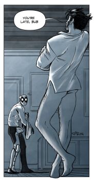 2boys ass_peek back bodysuit bulge commentary corin_m_howell couple crossed_arms deadpool deadpool_(series) english_commentary english_text erection erection_under_clothes facial_hair gloves highres indoors leg_hair long_sleeves looking_at_another male_focus marvel mask multiple_boys muscular muscular_male naked_shirt shirt short_hair soles speech_bubble wolverine_(x-men) x-men yaoi