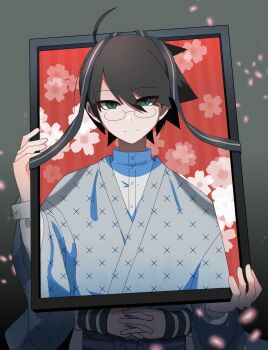 Rule 34 | 1boy, 1girl, absurdres, ahoge, black hair, closed mouth, commentary request, floral background, glasses, green eyes, grey background, hands on another's stomach, highres, iei, itoshiki nozomu, japanese clothes, kimono, looking at viewer, male focus, red background, sayonara zetsubou sensei, school uniform, serafuku, smile, teacher and student, tomato ebichiri, upper body