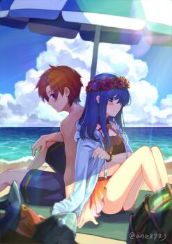 1boy 1girl ane-suisei back-to-back beach bikini bikini_skirt blue_eyes blue_hair blue_male_swimwear blue_sky blue_swim_trunks blurry blurry_foreground closed_mouth cloud couple day fire_emblem fire_emblem:_the_binding_blade fish flower food fruit hair_flower hair_ornament hair_over_one_eye hair_tubes head_wreath hetero hibiscus highres hood hood_down hooded_jacket jacket lens_flare lilina_(fire_emblem) lilina_(summer)_(fire_emblem) long_hair male_swimwear nintendo ocean open_clothes open_jacket orange_bikini orange_hair orange_skirt outdoors parasol red_flower roy_(fire_emblem) short_hair skirt sky swim_trunks swimsuit umbrella watermelon white_jacket