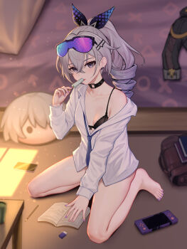 1girl absurdres barefoot black_bra black_choker black_skirt blue_necktie book bra breasts choker collarbone commentary_request drill_hair eraser eyewear_on_head food full_body goggles grey_eyes grey_hair hair_between_eyes hand_up handheld_game_console highres holding holding_food holding_popsicle honkai:_star_rail honkai_(series) indoors large_variant_set long_hair long_sleeves looking_at_viewer necktie open_book parted_lips partially_unbuttoned pencil pleated_skirt popsicle purple_hair seiza shirt silver_wolf_(honkai:_star_rail) single_bare_shoulder single_off_shoulder sitting skirt small_breasts solo underwear variant_set white_shirt yunkaiming