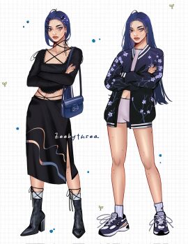 ankle_boots ankle_socks artist_name asian bike_shorts black_boots black_jacket black_shirt black_skirt blue_eyes blue_hair boots cherry_blossom_print closed_mouth collarbone crop_top cropped_shirt crossed_arms ear_piercing eyelashes fashion fingernails floral_print forehead full_body gradient_clothes gradient_jacket grid_background hair_ornament hairclip halterneck heterochromia high_heel_boots high_heels highres jacket lace lace-trimmed_shirt lace_trim long_fingernails long_hair long_sleeves looking_ahead low_ponytail medium_skirt midriff mole mole_on_collarbone mole_on_forehead mole_on_leg mole_on_neck mole_on_stomach mole_under_each_eye mole_under_eye multicolored_shoes multiple_hair_clips multiple_moles multiple_views navel open_clothes open_jacket original parted_bangs pearl_hair_ornament piercing ponytail purple_nails reference_sheet shirt shoes shorts side_slit skirt sneakers socks square_neckline streetwear sukajan thick_eyebrows thick_lips umi_(zeebythesea) white_background white_shirt white_shorts zeebythesea